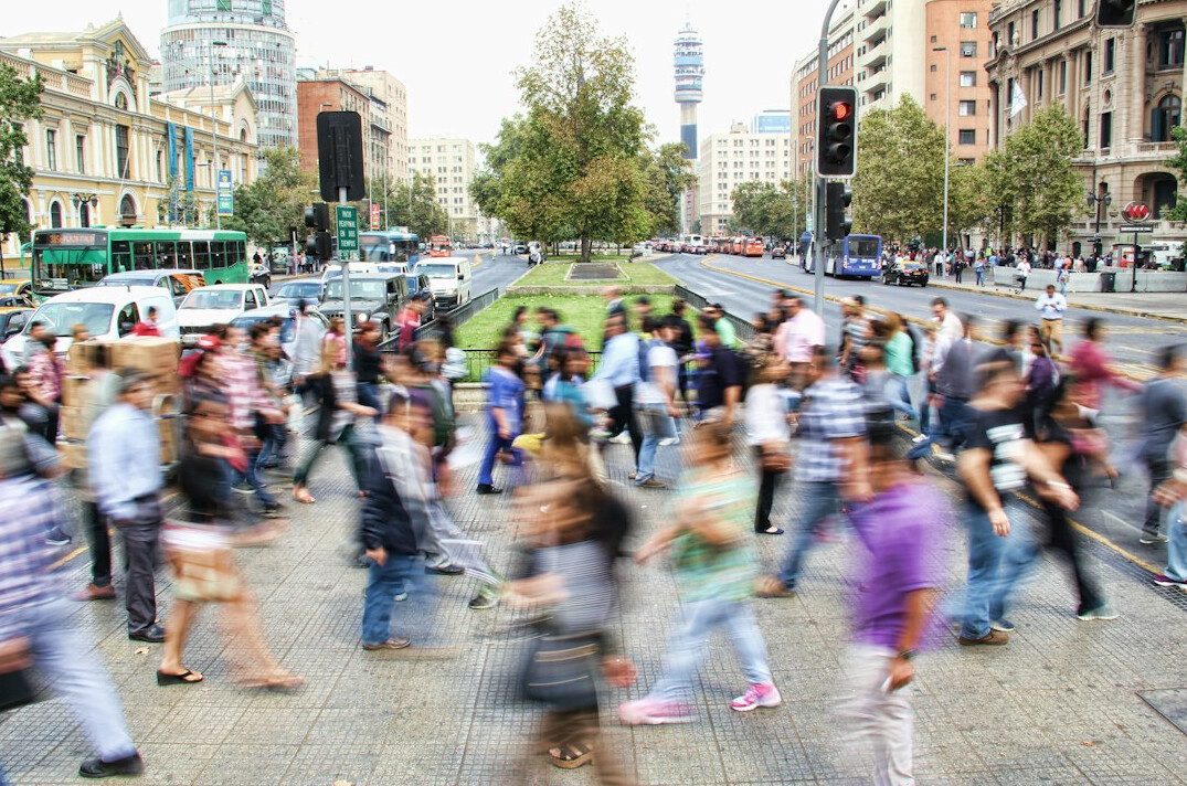busy city street pedestrians